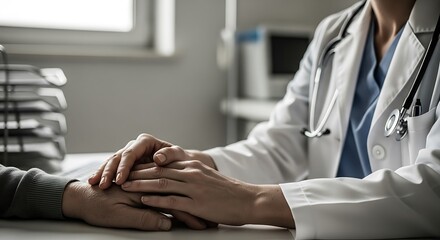 Doctor Gently Holding Patient's Hands to Offer Reassurance and Support in Office