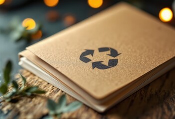 Recycled notebook with a recycling symbol.