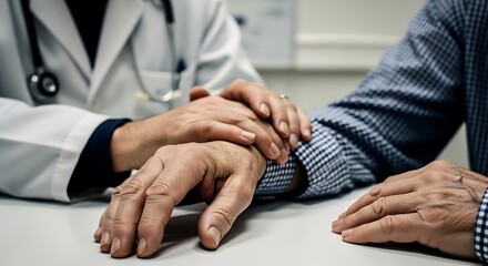 Doctor Offering Caring Support to Elderly Patient by Holding Hand During Visit