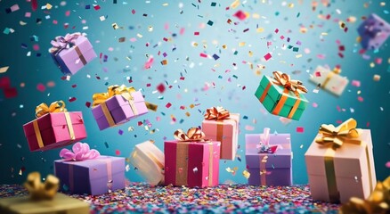 Colourful gift boxes with confetti flying and falling  With Copy space for text.