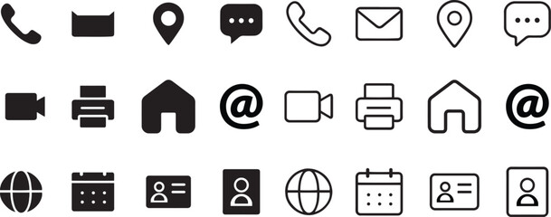 Minimalist Communication and Contact Icons for Websites and Mobile Apps, Featuring Phone, Email, and Location Symbols