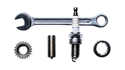 Close Up View of Silver Metal Spark Plug with Wrench and Other Auto Parts on a Transparent Background. The image features a detailed view of a spark