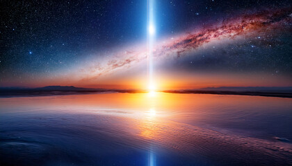 Fototapeta premium a celestial sunrise a vibrant beam of light pierces through a nebula illuminating a planet s horizon in a breathtaking cosmic spectacle
