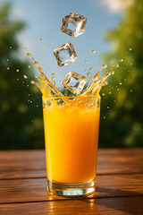 Refreshing Orange Juice Splashing with Ice Cubes in Glass Perfect Summer Beverage Scene
