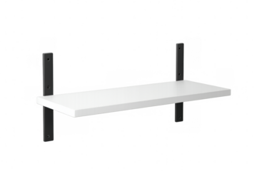 Sleek floating shelf featuring dark metal brackets, supporting books and decor pieces against clean transparent backdrop