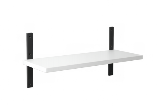 Sleek floating shelf featuring dark metal brackets, supporting books and decor pieces against clean transparent backdrop