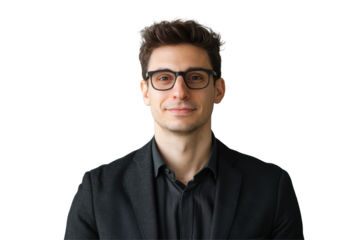 Young man wearing glasses and a blazer isolated on transparent background.
