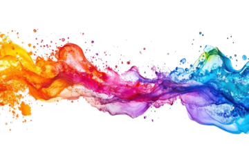 Vibrant rainbow paint splash wave isolated on transparent background. Horizontal burst of light showcasing colorful rays and dynamic patterns isolated on white background.