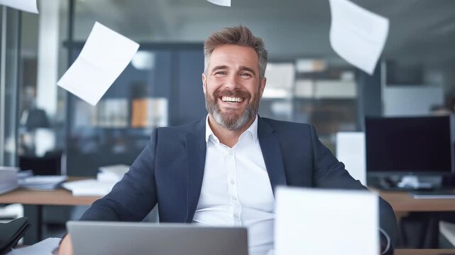 Contented man in a business suit leans back in his chair, raising his hands up, and documents fly around him. An atmosphere of happiness, success and liberation from work in a modern office.