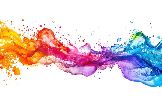 Vibrant rainbow paint splash wave isolated on transparent background. Horizontal burst of light showcasing colorful rays and dynamic patterns isolated on white background.