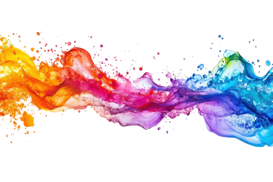 Vibrant rainbow paint splash wave isolated on transparent background. Horizontal burst of light showcasing colorful rays and dynamic patterns isolated on white background.