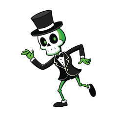 Green Skeleton in Tuxedo Dancing Fun Halloween Cartoon Character on White Background