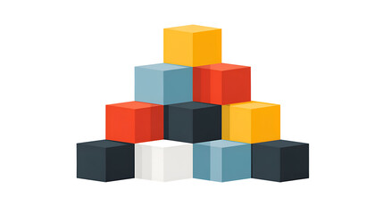 Fototapeta premium Colorful Cubes Stacked in a Pyramid Shape on Transparent Background: A Geometric 3D Illustration of Colorful Blocks Arranged in a Stacked Pyramid