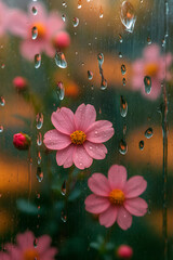 Pink Cosmos Flowers in Rain as Seen Through Window Creating Serene Natural Scene
