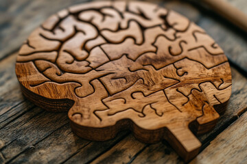 Intricate wooden brain puzzle on a rustic table