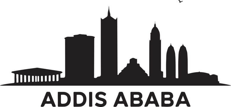 Silhouette vector of Addis Ababa, includes AU Headquarters, Meskel Square, bold African city skyline on white