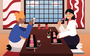 Two tourists are sitting in a traditional Japanese restaurant, eating sushi and taking photos.