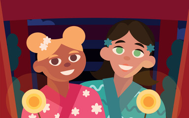 Travel to Japan. Two characters, a dark-skinned blonde and a light-skinned brunette, wearing yukatas and smiling at the red gate, holding fireworks in the evening