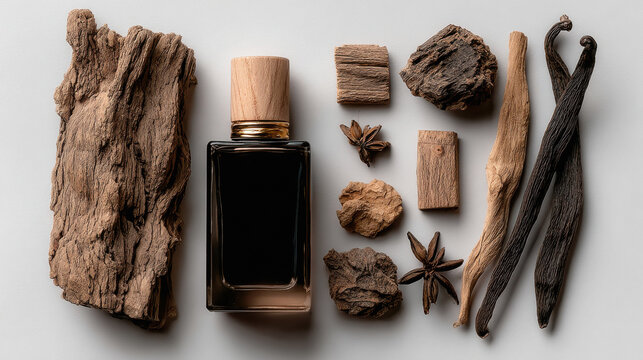 fresh scent pure indian agarwood patchouli frankincense sandalwood on white background