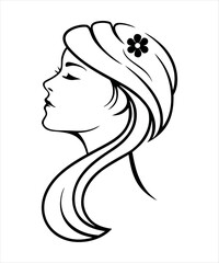 Elegant black vector silhouette illustration of a woman's head in profile, highlighting her artistic hairstyle and glamorous facial features