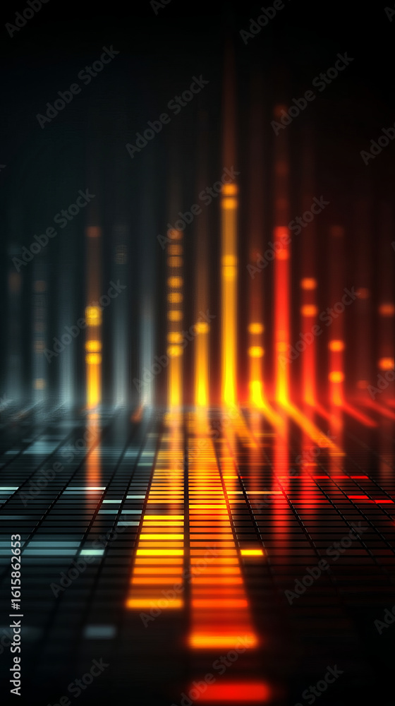Poster digital futuristic bar graph with glowing orange and red light over dark grid background creating vi