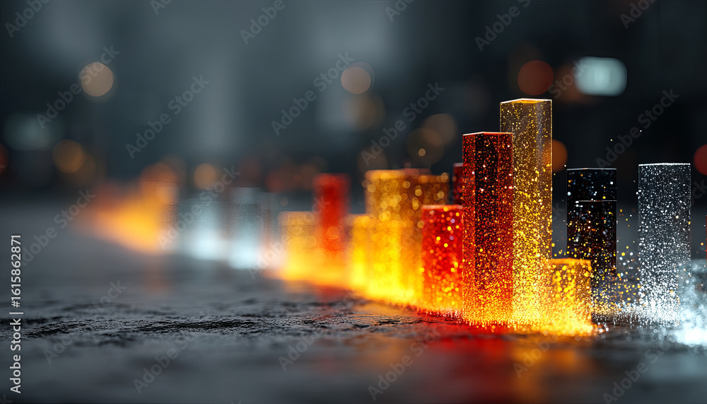 Poster glowing bar chart with futuristic lighting and sparkling particles on dark surface creating vibrant 