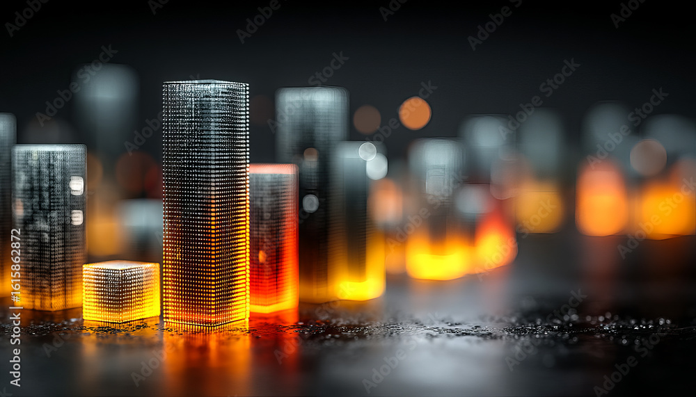 Poster glowing bar chart with futuristic lighting and digital data visualization in dark background creatin