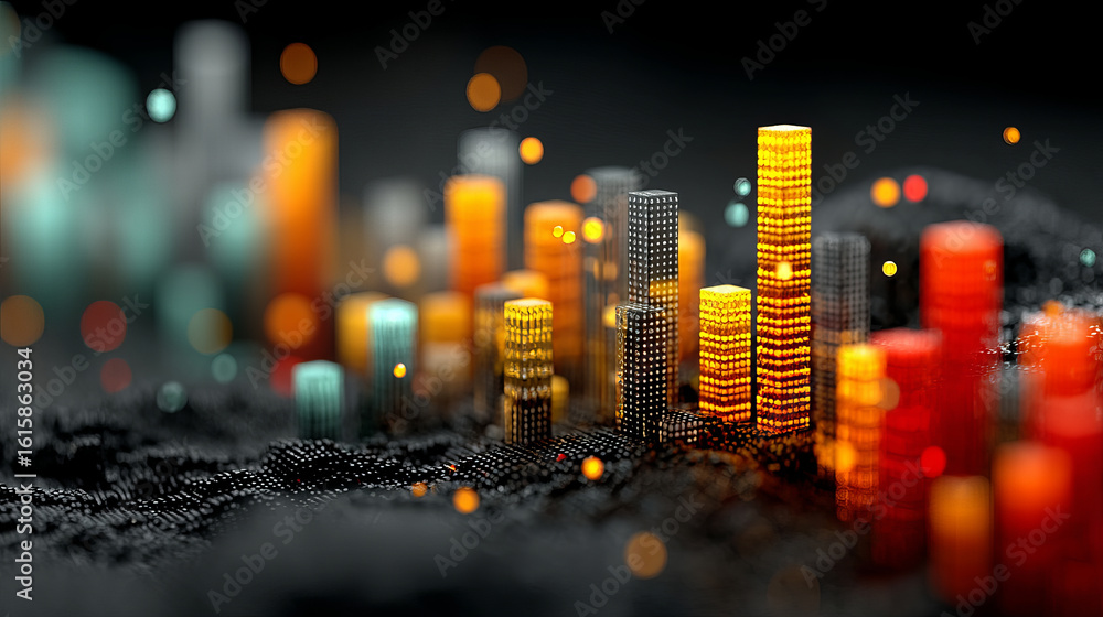 Poster futuristic glowing bar chart with vibrant orange and yellow lights creating dynamic and energetic da