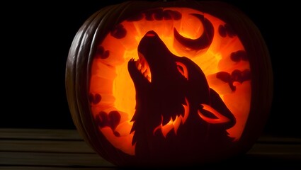 Glowing Jack-o’-Lantern Carved with Wolf Howling at the Moon