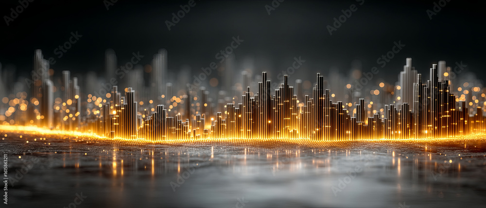 Poster glowing bar chart with futuristic lighting technology and golden digital data visualization on dark 