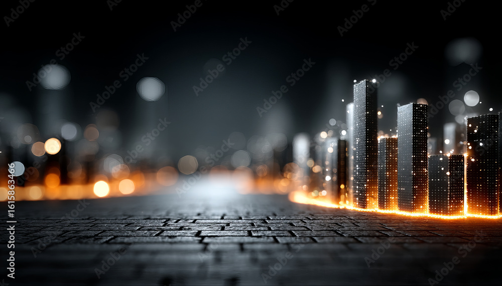Poster glowing futuristic bar chart with illuminated buildings and digital lights on dark textured surface 