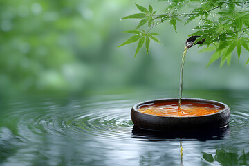Water flowing into a terracotta bowl in a garden.
