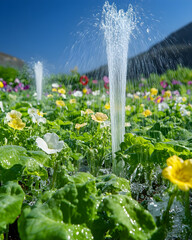 Water spraying from sprinklers onto a field of colorful flowers.