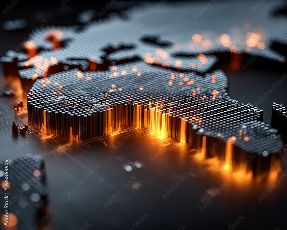 Poster digital map with glowing orange heat points and vertical bars representing data intensity dark surfa