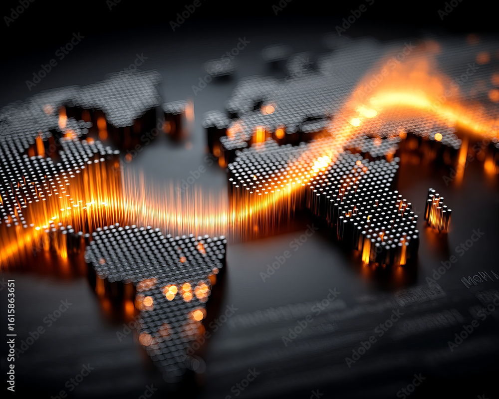 Poster digital world map with glowing orange heatmap graph overlay, showing data flow and technology connec