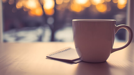 White coffee mug on wooden table near window with blurred sunset background.