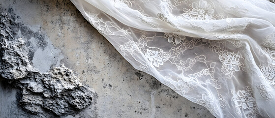 White fabric draped over a gray textured surface.