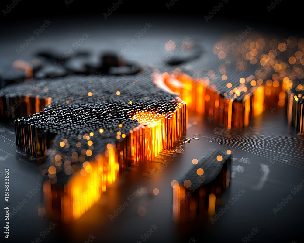 Poster glowing digital map with illuminated orange highlights and dark metallic texture creating futuristic