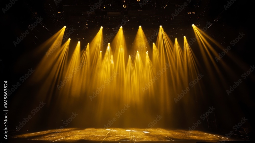 Poster golden stage lights illuminating an empty stage, creating a dramatic and atmospheric scene.