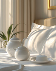 White teapot, sugar bowl, and small dish on a bed with white linens and pillows, near a plant and window with curtains.
