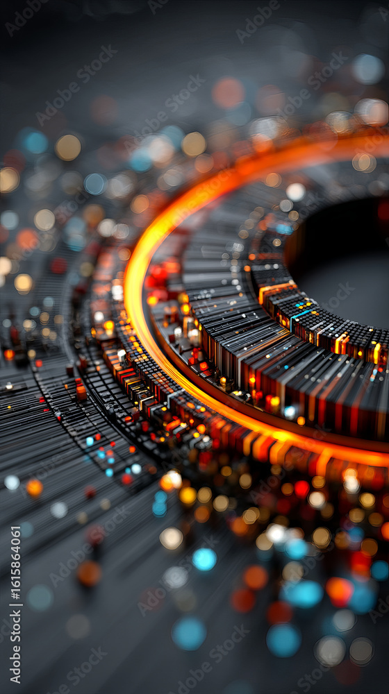 Poster glowing orange circular circuit with intricate black and colorful components creating futuristic tec