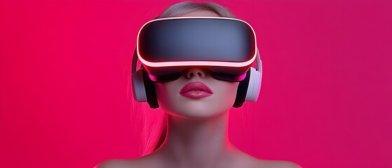 Woman wearing a VR headset against a pink background.