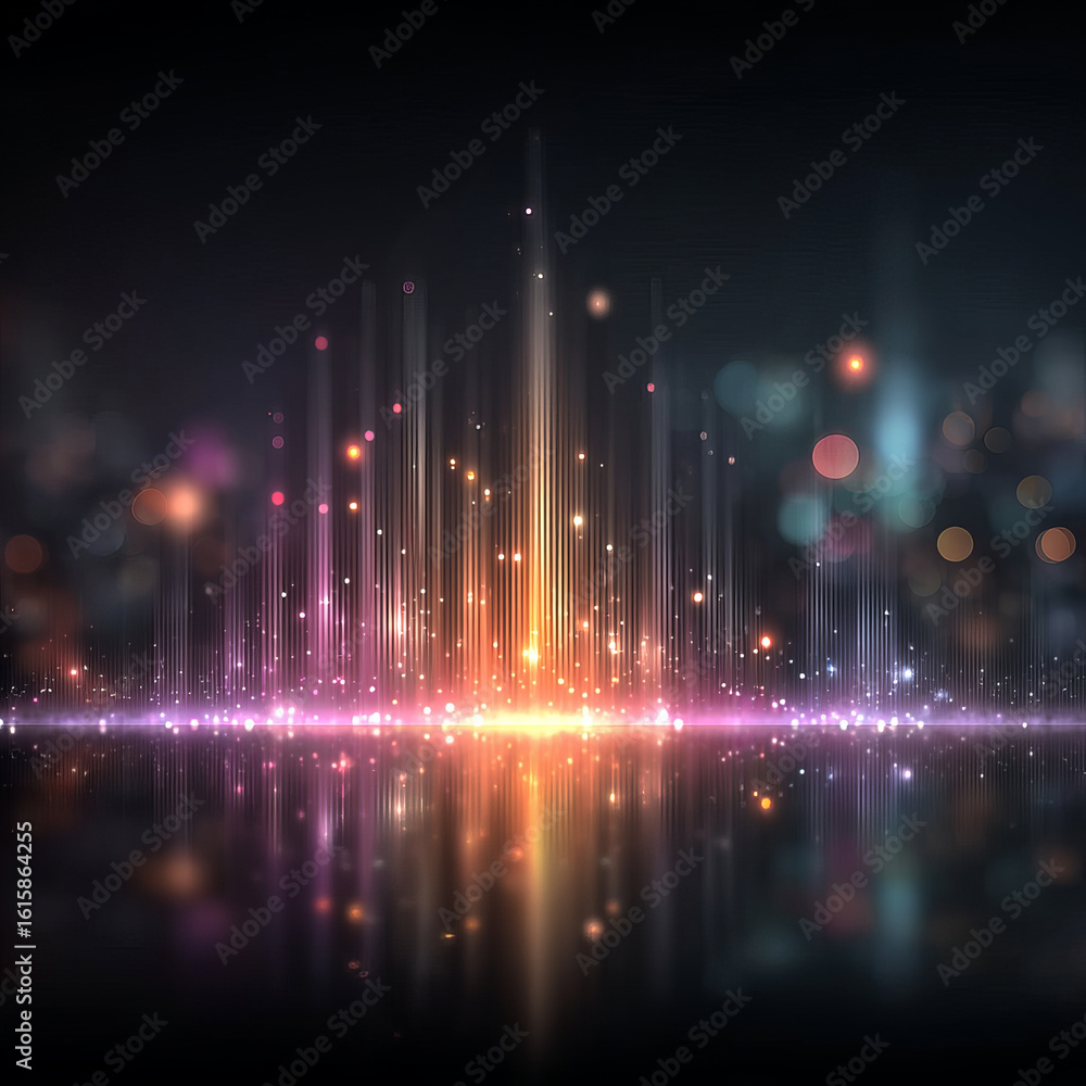 Poster glowing light beams with colorful bokeh reflections create vibrant and dynamic abstract cityscape at
