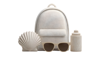 Cream Colored Backpack Shell Sunglasses and Water Bottle Studio Shot on White Background Summer Travel Vacation Essentials