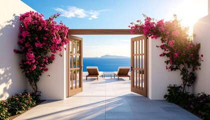 Naklejka premium Bougainvillea-Framed Terrace with Ocean View and Lounge Chairs on a Sunny Day