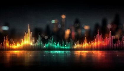 Colorful digital sound wave with glowing bars and cityscape background, vibrant neon lights create dynamic and energetic