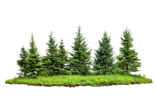Row of evergreen trees with green grass isolated on transparent background. Horizontal of evergreen trees on a grassy patch isolated on white background.