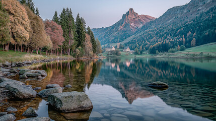 Serene Alpine Lake With Majestic Mountain View