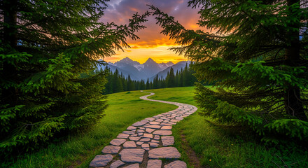 Winding Stone Path Through Lush Green Meadow Towards Majestic Mountains at Sunset - Inspirational Nature Landscape