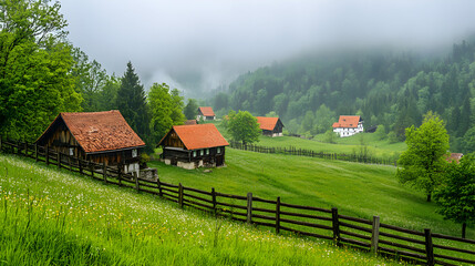 Wooden houses on a green hillside in a misty valley.